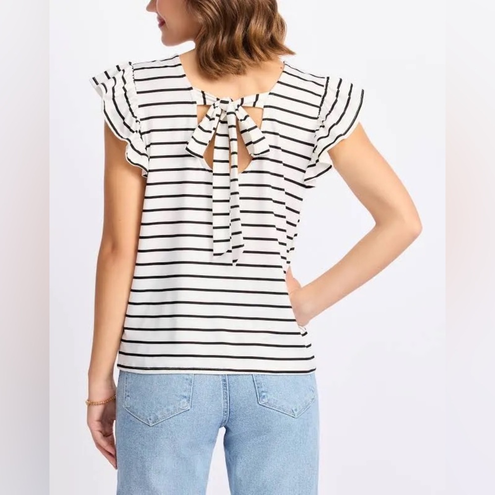 Bobeau Nordstrom Tie Back Black and White Striped Short Ruffle Sleeve Top - Picture 5 of 8